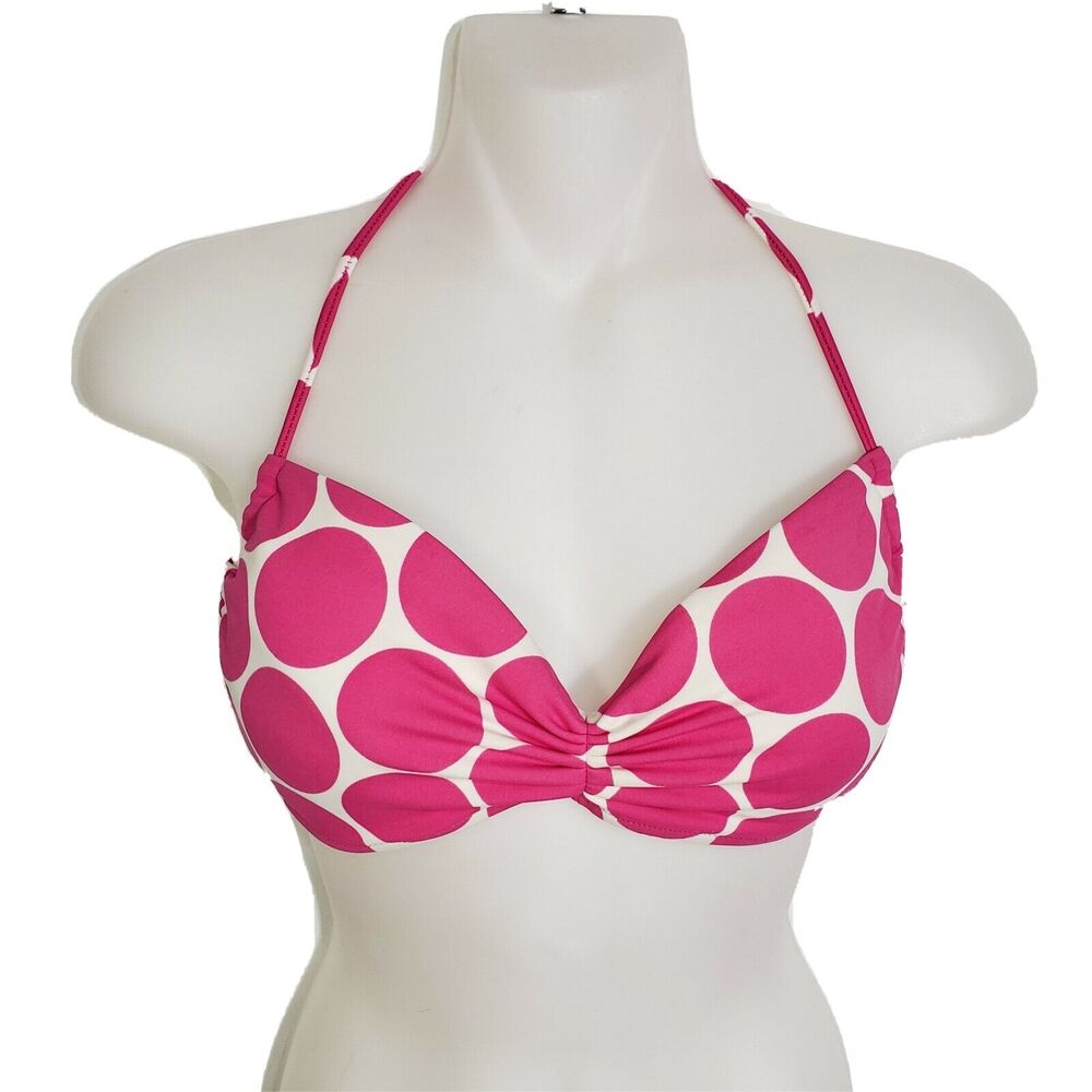 Victoria Secret Bikini Top Size Medium M Pink White Circles Ties 219169-DH4